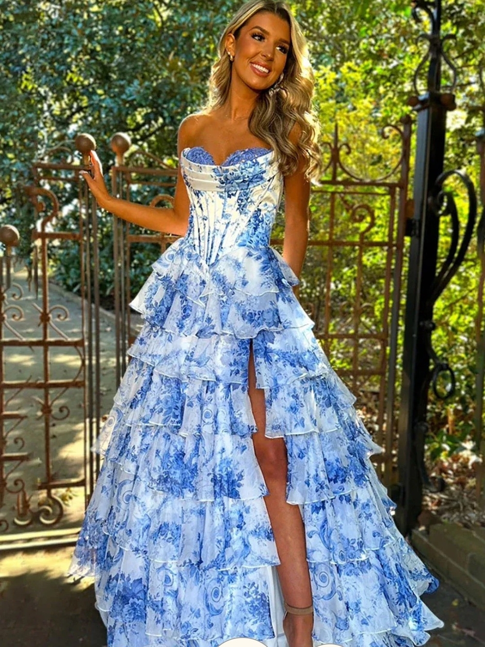 Homecoming Prom Dance Dress Viral Blue White Strapless Tiered Ruffles XL 14 16